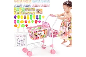 deAO Carro de Compras para Niños Juguete, 47 Piezas Comida Juguete Carro de Supermercado Infantil, Juegos de rol Cocina Accesorios, Regalos educativos para niños Mayores de 3 años, 55x30x51CM, Rosa