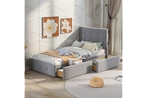 MOIMHEAR Cama Juvenil + 2 Cajones y Estante, Cama Tapizada de 90 x 200 cm, Cama Individual Infantil, Cama Juvenil, Cama de Invitados (Gris)