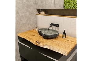 ‎BESTLOFT.DE BestLoft Waschtischplatte (Länge: 80 cm/Breite: 50-55 cm) Waschtisch Eiche massiv 40 mm dick mit Baumkante - rustikale Waschtischkonsole