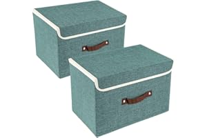 TYEERS Collapsible Storage Box with Lid, Fabric Storage Box for Clothes, Wardrobe Storage, 38x25x25 cm, Set of 2, Aqua Deep