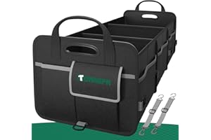 Tonmifr Organisateur Coffre Voiture Résistant, Boîte de Rangement Multi-compartiments pour SUV, Break, Hayon, 600D Oxford Pliable avec 2 Crochets et Bandes Réfléchissantes, Capacité 92L