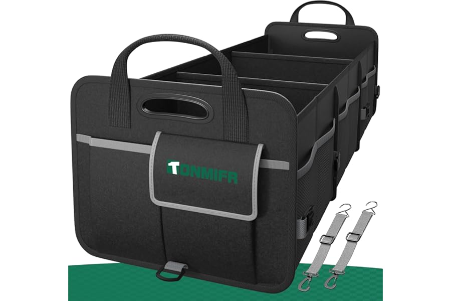 Tonmifr Heavy-Duty Car Boot Organiser & Multi-Compartment Storage Box for SUV/Hatchback/Estate, 600D Oxford Collapsible Tidy, 2 Securing Hooks & Reflective Strips - Large Capacity Organiser​ (92L)