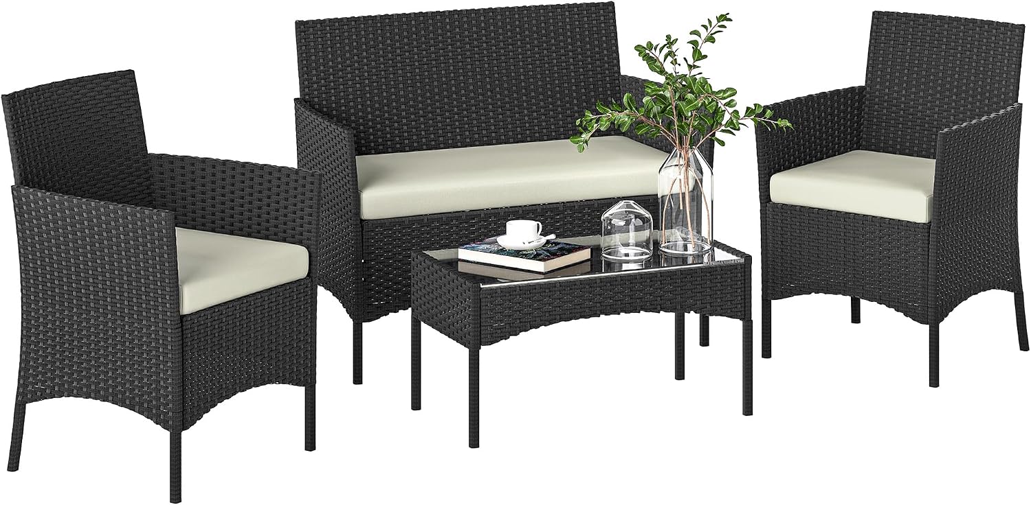 Outsunny 4 Seater Rattan Garden Furniture Set, 4 Piece Garden Sofa Set with Loveseat, Armchairs, Glass-Top Coffee Table, Cushions, Wicker Outdoor Furniture for Conservatory Patio, Cream White