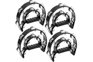 JOIKIT 4 PCS 230 x 200 x 48mm Black Double Row Tambourine, Musical Tambourine with Double Row Metal Jingles, Half Moon Hand Held Tambourines for Musicians Singers Bands KTV Party