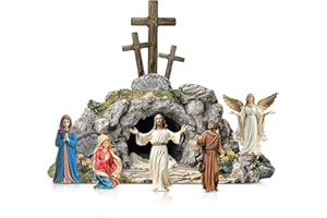 Bucherry 7 Pcs Easter Resurrection Scene Set Religious Wooden Easter Cross Shaped Table Decoration Jesus Nun Statue Centerpieces Christian Figurines Empty Tomb Easter Scene for Home Easter Gift