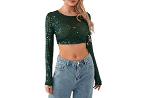 FYLOVERY Women Full Sequin Long Sleeve Cropped Tops Sparkle Glitter Round Neck Show Navel Bodysuit T-Shirt Blouses E-Girl Streetwear Clubwear