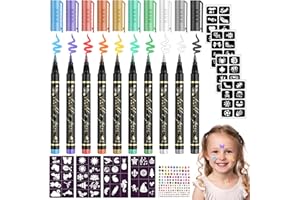 QKJEM Zestaw brokatowych tatuaży dla dzieci, przyjazne dla skóry, 10 kolorów, pisaki do skóry z szablonami i naklejkami, prezent dla dziewczynek w wieku 3-8 lat, odpowiednie na urodziny, Dzień Dziecka