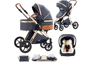 Shineey 3 in 1 Baby Stroller with Height Adjustable Handle,3 in 1 Prams Travel System, Lightweight Foldable Pushchair, Prams with Aluminum Frame for Portable Baby Carriage