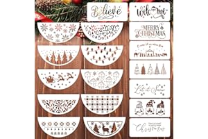 WOFEU 18pcs Christmas Large Stencils for Crafts, Reusable Half Round Drawing Stencil Merry Chirstmas Let It Snow Xmas Holiday Stencil for Painting on Wood Sign Porch Door Hanger Home Décor-15X30cm