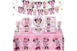 LUCLAY Piatti di carta per feste di compleanno per bambini, 52 pezzi, rosa, mini mouse, piatti di carta, tovaglia Happy Birthday Banner decorazione di compleanno, tovaglioli, tazze di compleanno, tableware