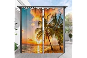 SK Studio Pack of 2 Outdoor Curtains, Weatherproof, Waterproof Privacy Screen, Sun Protection Curtain with Beach Ocean Print Pattern for Balcony, Patio, Porch, Pergola, Garden Arbour, Style 1, 264 x