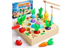 COOLJOY Wooden Fishing Game Toy, 4 In 1 Magnetic Montessori Toys for 2 Year Olds, Carrots Harvest Toy Shape Sorter, Toddler Educational Gift for 2 3 4 Year Olds Girls Boys