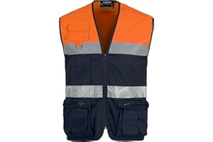 WORKTEAM Work Team Chaleco Tipo Safari Multibolsillos Bicolor, con Dos Cintas de Alta Visibilidad. Hombre Marino+naranja A.v. M