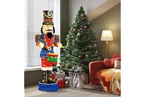 COSTWAY Cascanueces Navidad Grandes 185cm, Soldado Cascanueces Iluminado con Tambor, 100 Luces LED, Figura Navideña de Pie con Bridas y Estacas, Decoración Navideño Interior y Exterior