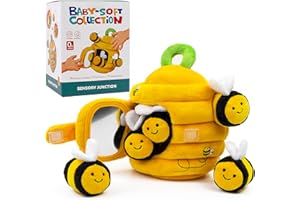 Sensory Junction Soft Baby Beehive Toy – 5 Sensory Bees with Rattle, Crinkle, Mirror & Squeaker – Fun Montessori Toy for Babies 6-12 Months – Toddler Development Gift Ages 0-3 Boys & Girls