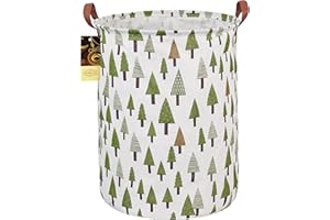 HUNRUNG Laundry Hamper,Large Canvas Fabric Lightweight Storage Basket Toy Organizer Dirty Clothes Collapsible Waterproof for College Dorms, Children Bedroom,Bathroom(Round-Green forest)