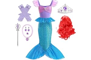 IWFREE Déguisement Sirène Costume avec Perruques Fille Princesse Ariel Pétillant Queue de Poisson Robe de Princesse et Accessoires pour Enfant Halloween Noël Carnaval Anniversaire Fêté Robe de Soirée