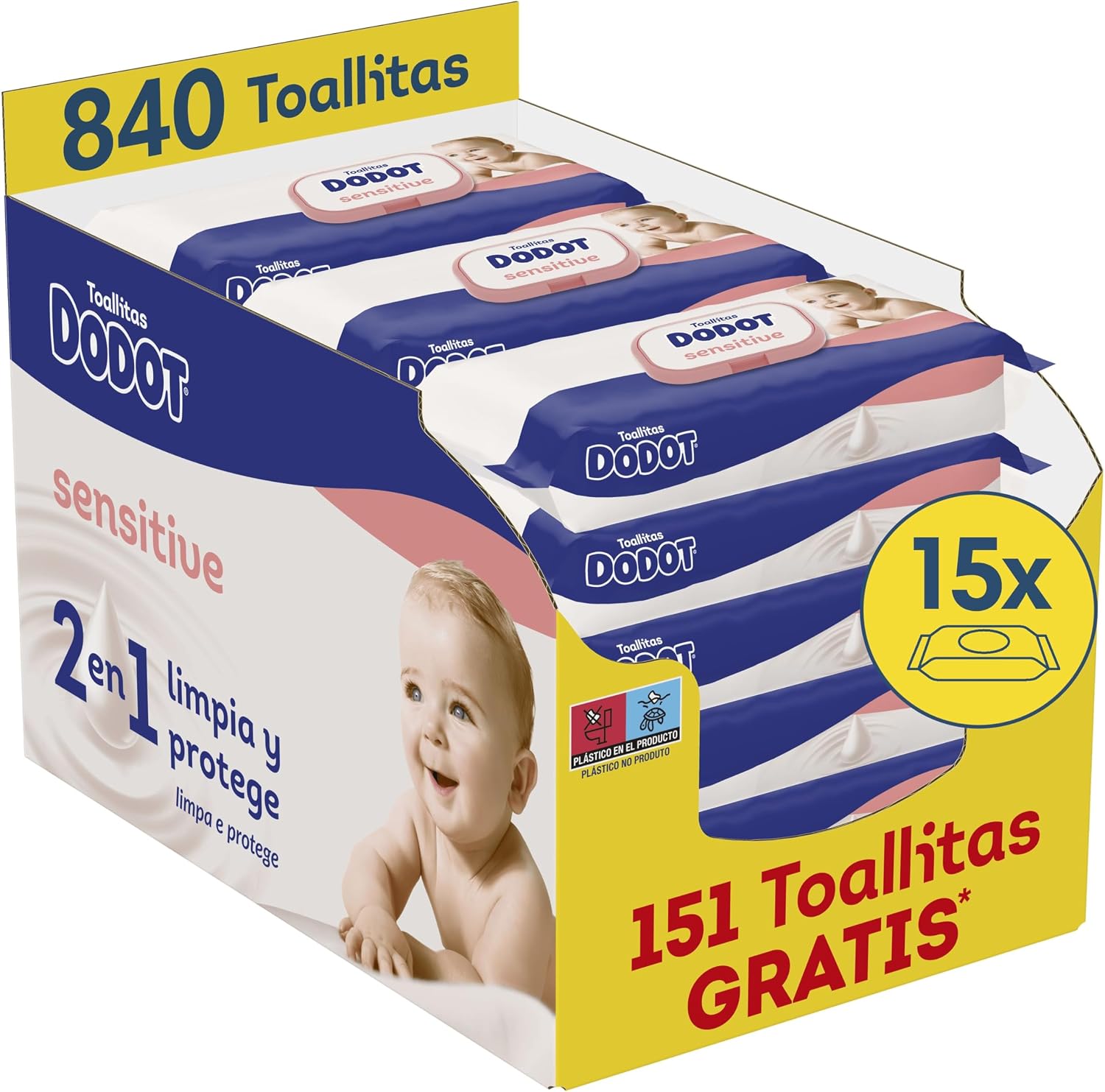 Dodot Toallitas Sensitive para Bebé, 15 Paquetes De 56 Unidades = 840 Toallitas, Óptima Protección para la Piel