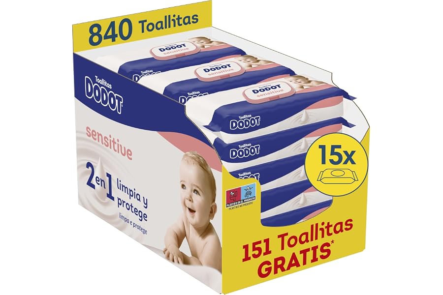 Dodot Toallitas Sensitive para Bebé, 15 Paquetes De 56 Unidades = 840 Toallitas, Óptima Protección para la Piel