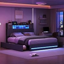 Lit Double 140x190 Avec Rangement, Tiroirs, LED RGB Et Ports USB - Tête De Lit Rembourrée Noir - Capacité 320 Kg