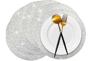 Baoswi 20 Pcs Silver Glitter Placemats, 33cm Diameter Round Placemats, Silver Sequin Doilies Decorative Placemats for Dining Table Wedding Birthday Party Holiday Home Decoration