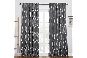 PONY DANCE Grey Curtains - 66 x 90 Inch, Eyelet Blackout Thermal Curtains for Living Room, Soundproof Silver Wave Line Foil Printed Decorative Drapes, 2 Panels