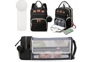 SURKOS Mochila Bebe con Cambiador, Pañaleras para bebes con Portabiberones Térmico, Bolsa Carrito bebe y Cuna de Viaje, Mochila Maternidad con Puerto de Carga USB, 18 Bolsillos y Correas para Carrito