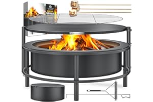 KESSER Brasero avec grille de cuisson Ø 65 cm Panier à feu 0,6 mm en acier traité à froid | Brasero mobile avec pneus | Brasero à bois et charbon avec crochet de 60 cm en fonte, Ø 52 cm, brosse et