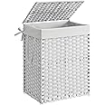 SONGMICS Handwoven Laundry Basket, 90L Synthetic Rattan Clothes Hamper with Lid and Handles, Foldable, Removable Liner Bag, White LCB51WT