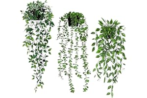 RUACDIQ 3 piezas plantas artificiales colgantes, planta artificial, plantas colgantes con macetas, plantas artificiales, plantas de plástico vid planta verde, planta falsa para balcón decoración de la pared
