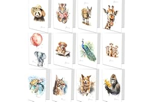 Bear and Bee 20 cartes de remerciement avec des animaux en aquarelle - Paquet de cartes A6 avec enveloppes en kraft recyclé - Papeterie mignonne pour enfants et adultes