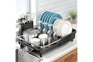 SAYZH Dish Drainer Rack, Expandable Kitchen Drying Rack with Utensil Holder, Dish Drying Rack and Drainboard Set for Kitchen Counter, Black