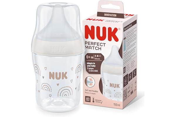 Biberón Perfect Match de NUK | +0 meses | Se adapta al paladar del bebé | Control de temperatura | Ventilación anticólico | 150 ml | Sin BPA | Tetina de silicona pequeña | Arcoíris