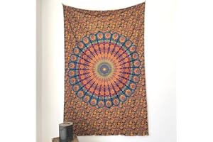 MOMOMUS Arazzo da Parete Mandala - Arte Murale Etnico 100% Cotone - Ideale come Arazzo Mandala da Parete, Telo Mandala per Muro e Telo Indiano per Sala Yoga - Blu-Giallo, 135x210 cm