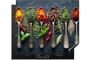 KitchenYeah© Protection Pour Plaque Induction 59x51 cm Deco Cuisine Protégé Cache De Cuisson Vitroceramique Épices - Cuillères - Béton - Poivre - Herbes