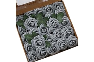 Ksnnrsng Mousse Rose Artificielles Fleurs Fausse Roses Faux Bouquet pour DIY fête Maison Mariage Décoration (25 pièces, Gris)