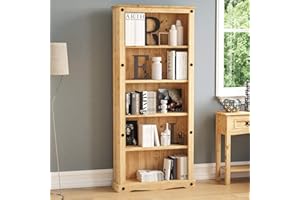 Vida Designs Corona Large Libreria, Rustico Legnoen Mobile contenitore with 5 Shelves, Distressed Waxed Finish with Nero Metal Studs, H170xW75xD29cm (Solid Pine)