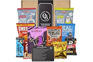 CLERMONT BUNDLES Pub Snacks Hamper Gift Set - Savoury Snacks Box Includes 11 Bar Snacks Savoury, Pork scratchings, Nuts, Crisps, Beef Jerky, Quiz Card and Much More. Pub Treats Box & Snack Gifts