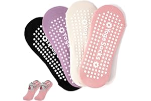 FANTASYON 4 Paires Chaussettes Yoga Antidérapantes Femme Chaussette Pilates en Coton Taille 36-39 avec Poignées pour Femmes, pour Danse, Ballet, Fitness Spor
