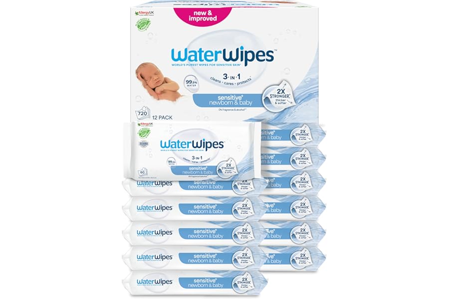 WaterWipes Sensitive+ Newborn & Baby Wipes, 720 Count (12 Packs), 3-In-1 Cleans, Cares, Protects, 99.9% Water, Unscented