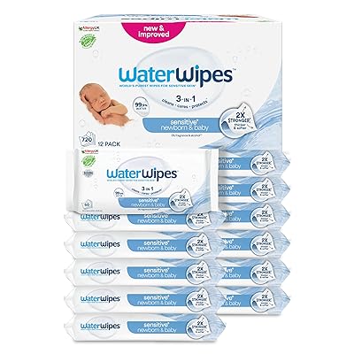 WaterWipes Sensitive+ Newborn & Baby Wipes, 720 Wipes (12 Packs), 3-in-1 Cleaning, Care,...