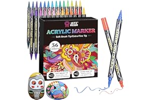 LET'S RESIN Lot de 36 marqueurs de peinture acrylique, fine et pinceau à double pointe, stylos de couleur vive pour roches, toile, bois, verre, tissu, plastique, fournitures de dessin, ensemble de