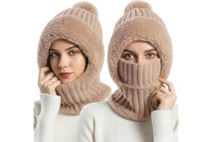 Kunoli 3 in 1 Beanie Hat for Women, Winter Womens Knitted Hats with Neck Gaiter & Face Mask, Balaclava Hat and Scarf Set, with Hairball, Soft Thick Fleece Lined for Skiing, Hiking & Outdoor