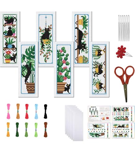 FREEBLOSS 6 Kits Marque-Page Point De Croix 11CT DIY Kits Point De Croix Motif Éléments Marins Été Tamponné Broderie Avec Instructions Set Fabrication Marque-Page Débutants Adultes 8x2.4 Pouces