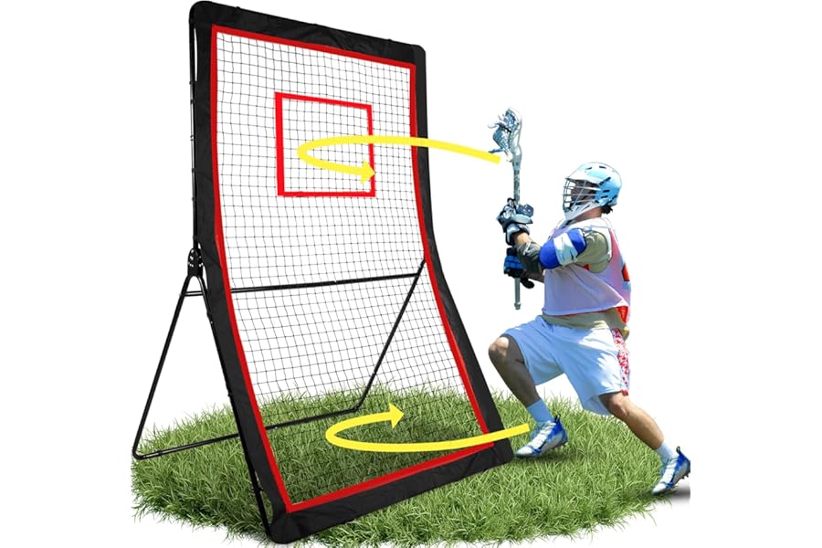 amazgolf Lacrosse Rebounder,4x7/5x7ft Green/Red Volleyball Rebounder Net with 5 Adjust Angles,1 Carry Bag,Baseball Bounce Back Fix by 6 Ground Stake, Pitch Back for Lacrosse,Volleyball Training