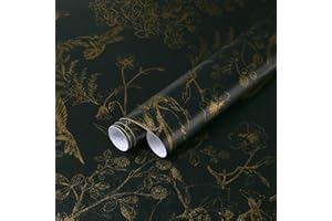 Yomshi Selbstklebende Tapete Blumen 44×600cm Grün Gold Tapete Wasserdicht Klebefolie Blume Blätter Tapete Abnehmbar Vinyl Möbelfolie Vögel Tapeten für Schlafzimmer Wohnzimmer