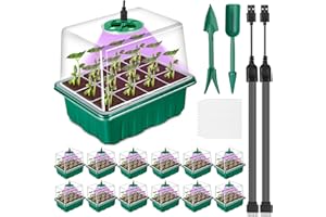 Aurorast Seed Tray 12PCS with light, 144 Cells Seed Starter Trays, Thicken Growing Seedling Starter with Adjustable Vents, Heightened Clear Lids, 2Pcs USB, 12Pcs Plant Labels and 2Pcs Seeding Tools