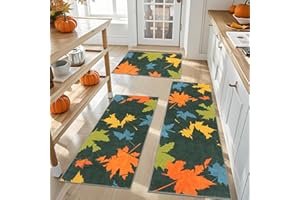 TUKDAK Autumn Maple Leaf Kitchen Rug Sets 3 Piece,Green Halloween Non Slip Washable Kitchen Mats Set,Fall Floor Mat,Runner Rugs Carpets for Hallway Laundry Entryway Bathroom(50x80cm+50x120cm+50x150cm)