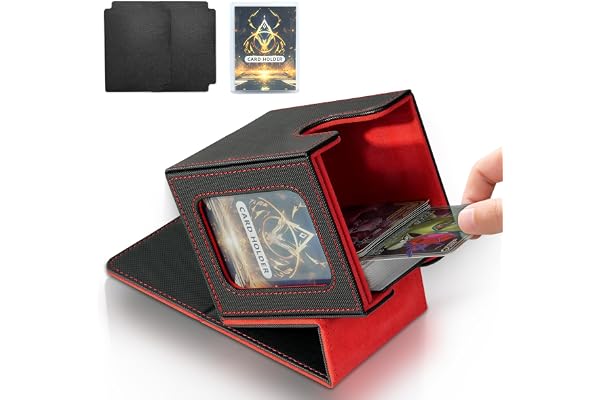 Jamiukro Boîte de rangement pour cartes MTG Commander, boîte de rangement pour cartes à collectionner, étui magnétique en cuir PU, peut contenir 100 TCG cartes à double couche, noir et rouge