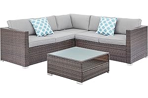 HOME DETAIL Corner Sofa Rattan Garden Furniture Set L Shaped Patio Seating with Coffee Table Outdoor Dining Set (Brown with Grey Cushions)